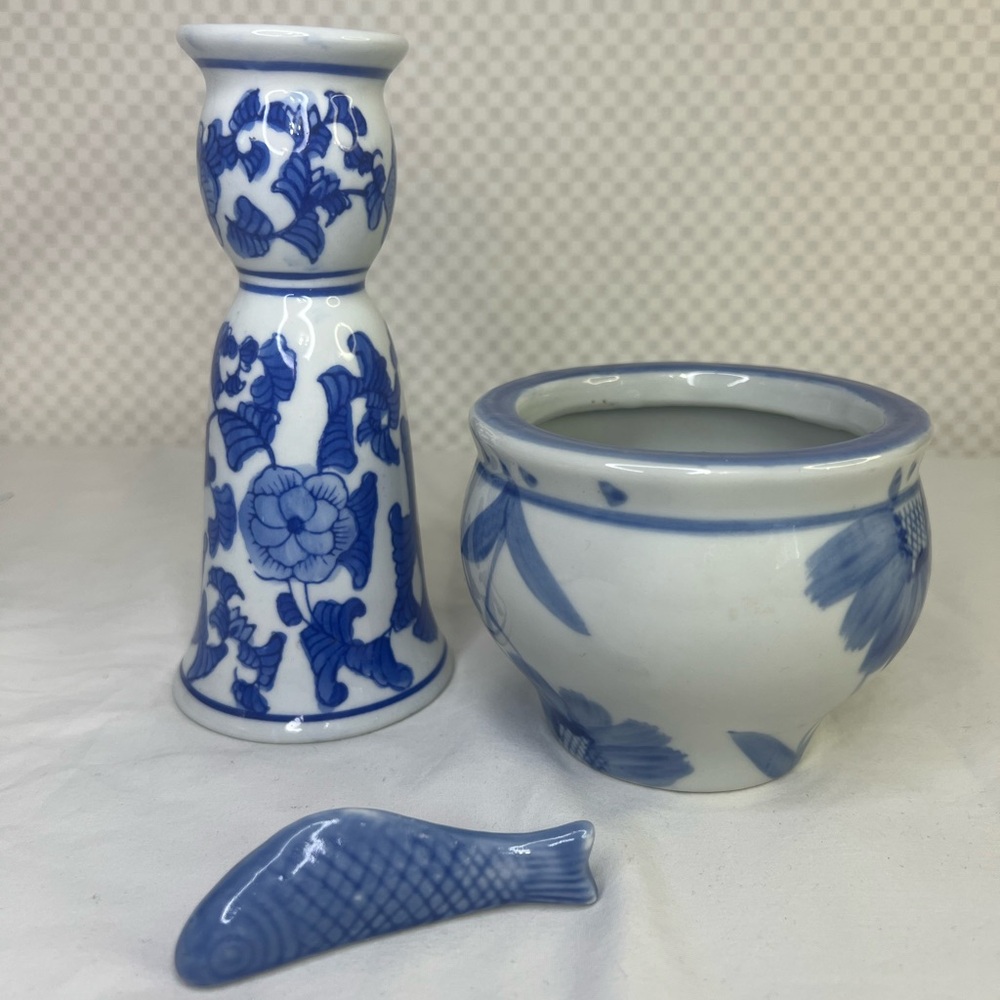 3 Pieces Vintage Japanese Blue & White Floral Hand Painted Fish Bowl and Vase